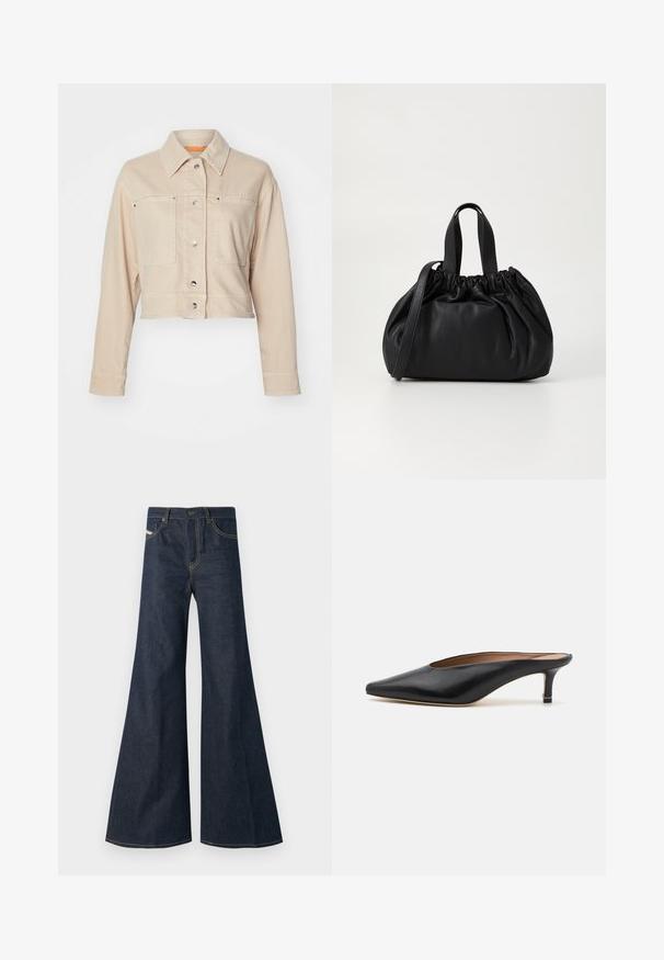 Veste en denim beige coupée avec un col pointu, deux poches avant, des boutons-pression argentés et un détail de doublure orange.; Chemise blanche à manches longues avec col, en coton. Présente un devant à boutons et une poche poitrine unique. Texture lisse, coupe décontractée.; Jean flare bleu foncé en denim, avec taille haute, accents de surpiqûre dorée, et deux poches avant avec fermeture à bouton.; Mules en cuir noir avec un bout pointu et un petit talon carré. Texture lisse avec un design épuré. Dos ouvert avec un minimum de détails.; Sac à main en cuir noir avec un design à haut froncé, doté de deux poignées courtes et d'une bandoulière longue et réglable. Texture lisse, forme arrondie.