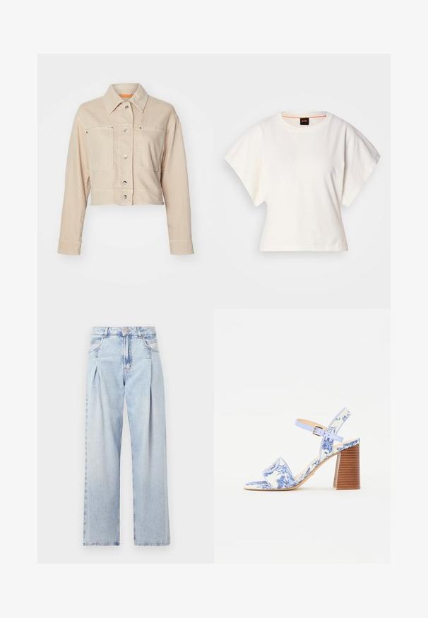 Veste en denim beige coupée avec un col pointu, deux poches avant, des boutons-pression argentés et un détail de doublure orange.; T-shirt blanc cintré, manches courtes et larges, en coton doux, décolleté rond avec une discrète bordure orange, design minimaliste, sans motifs ni graphiques.; Jeans en denim bleu clair avec taille haute, coupe large, deux poches latérales et design plissé. Texture douce avec une finition décolorée.; Sandale imprimée de fleurs bleues avec un orteil carré, une large sangle et une sangle de cheville réglable, dotée d'un talon en bois texturé.