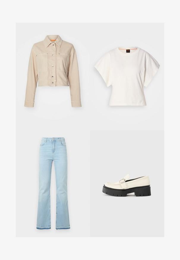 Kraťas béžová denimová bunda s bodovými goliermi, dvoma prednými vreckami, striebornými cvočkami a detailom oranžovej podšívky.; Biely skrátený tričko, krátke široké rukávy, mäkký bavlnený materiál, okrúhly výstrih s jemným oranžovým lemovaním, minimalistický dizajn, bez vzorov alebo grafiky.; Svetlomodré rozšírené džínsy z denimovej látky, s vysokým pásom, prednými vreckami a surovým lemom na manžetách pre ležérny vzhľad.; Biele kožené mokasíny s robustnou čiernou platformou, zdobené obdĺžnikovou striebornou prackou a viditeľným šitím na vrchnej časti.