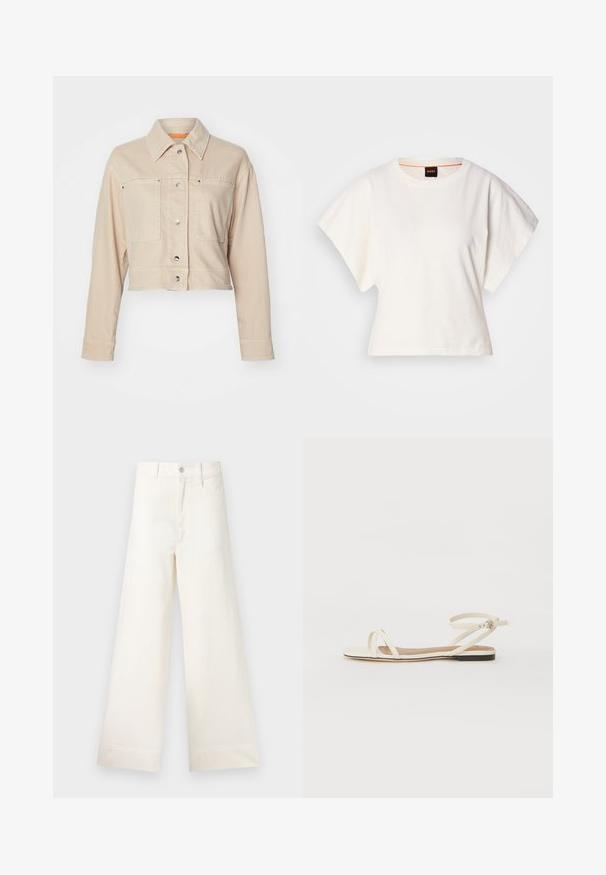 Lühendatud beež denimpusa, millel on terav krae, kaks esist kõik, hõbedased nööbid ja oranž sisekatte detail.; Valge lühikeste laiadte varrukatega lühike T-särk, pehme puuvillane materjal, ümar kaelus kergelt oranži ääristusega, minimaalne disain, ilma mustrite ja graafikateta.; Laiad püksid heleses puuvillas. Omavad kõrget vööd, ees on taskud ja sirge lõige. Puhtad ääred ilma mustriteta.; Kreemivärvi nahast lamedad sandaalid õhukeste ristiliste rihmadega, pahkluu rihm lukuga, minimalistlik disain ja kontrastne must põhja.