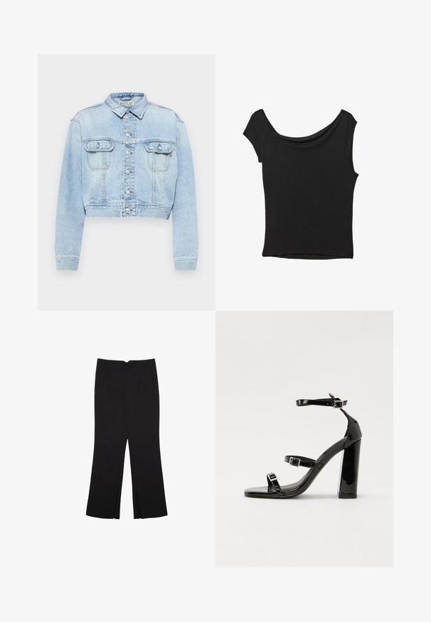 Svetlo modra usnjena jakna do pasu s ovratnikom, zapiranjem na gumb in dvema žepoma na prsih. Ima ojačane šive in zbledel videz.; Črna kratka majica s kratkimi rokavi iz gladkega blaga; ima drapiran izrez in asimetrično spodnjo rob, s prilegnjenim telesom.; Črne hlače ravnega kroja z naglavnimi žepi in stranskimi razporki na robu. Narejene iz mehke, gladke tkanine. Primerne za različne priložnosti.; Črne lakirane sandale s peto, kvadratnim prstom, trakovi okrog gležnja in srebrnimi zaponkami. Opremljene so s stabilno Debelo peto.