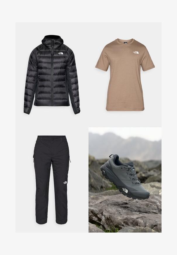 Juodas pūkinis švarkas su užtrauktuku priekyje ir kapišonu. Yra siuvinėti skyriai ir logotipas ant kairės krūtinės pusės. Lankstūs šoniniai skydeliai geresniam prigludimui.; Šviesiai rudas medvilninis marškinėliai trumpomis rankovėmis su mažuoju baltu logotipu ant krūtinės. Klasikinis apvalus kaklo išpjova, lygi tekstūra ir standartinė prigludimo forma.; The North Face WINTER EXPLORATION TAPERED CARGO - Lauko kelnės - black; Pilkas bėgimo batelis su tekstūruota viršutine dalimi, tvirtu guminio pado ir sustiprinta nosimi. Turi raištelius ir prekės ženklo logotipą šone.