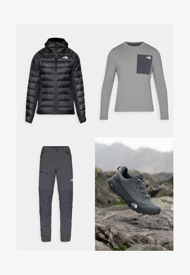 Black puffer jacket with a zip front and hood. Features quilted sections and a logo on the left chest. Stretchy side panels for fit.; Long-sleeve gray shirt with textured fabric, featuring a dark gray chest pocket and a zip closure. Logo on pocket in white.; Gray outdoor pants with a smooth texture, featuring a zippered pocket on the side, reinforced knee sections, and a subtle logo detail.; Grey trail running shoe with a textured upper, durable rubber sole, and reinforced toe cap. Features laces and brand logo on the side.