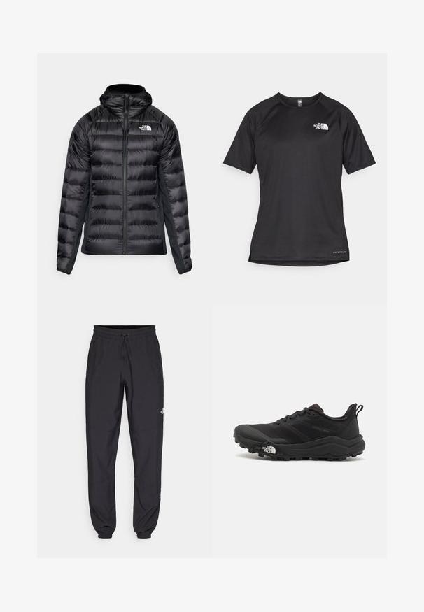 Black puffer jacket with a zip front and hood. Features quilted sections and a logo on the left chest. Stretchy side panels for fit.; Black short-sleeve athletic shirt with a textured fabric, featuring a white logo on the left chest and a straight hem.; Black athletic pants made from lightweight fabric, featuring a drawstring waistband, side pockets, and tapered cuffs at the ankles.; Black trail running shoe with a textured upper, rubber sole, and reinforced toe cap. Features a padded collar and pull tab for easy wear.