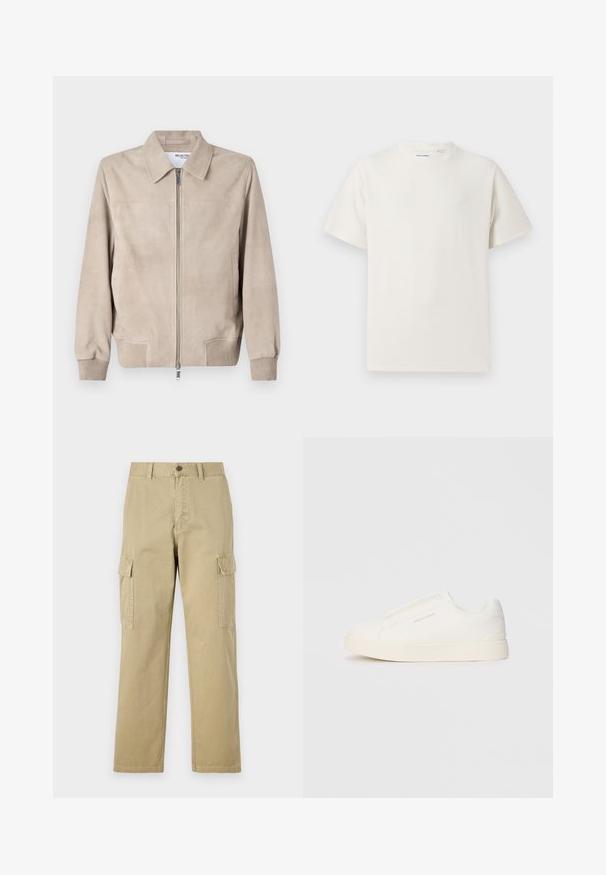 Bež sueden plašč z ovratnikom, sprednjim zadrgo in rebrastimi manšetami. Ima minimalno šivanje in dve stranski žepi. Gladka tekstura.; Bela majica s kratkimi rokavi iz rebraste tkanine. Okrogli izrez, sproščen kroj, brez vidnih vzorcev ali naglasov. Preprosta in vsestranska zasnova.; Bež hlače s cargo krojem iz bombaža, z dvema stranskima žeparm, gumbom za zapiranje in ravnimi nogavicami iz rahlo teksturirane tkanine.; Bele zapete brez vezalk z teksturirano površino, debelim podplatom in minimalističnim dizajnom. Na strani se nahaja logotip blagovne znamke.