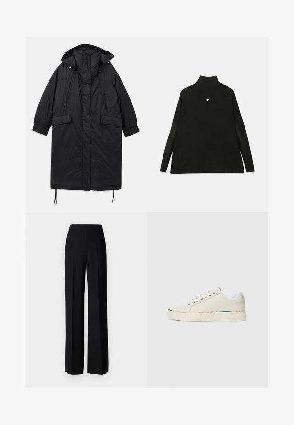 Črn, podložen dolg plašč s kapuco, z gumbom za zapiranje, dvema sprednjima žepoma in nastavljivo vrvico na robu. Gladka tekstura, lahek material.; Črna rolka s dolgimi rokavi, ki ima majhen bel srčni emblem na prsih. Mehak material in sproščen kroj.; Črne široke hlače z gladko teksturo, z visokim pasom in središnjimi pregibi. Brez vidnih vzorcev ali kovinskih detajlov.; Off-white nizki športni copat z vezalnim dizajnom, belim notranjim oblogo in subtilnim večbarvnim obrobjem ob robu podplata, stranski pogled.