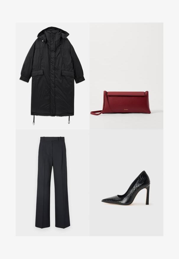 Schwarzer, gepolsterter, langer Mantel mit Kapuze, Knopfverschluss, zwei frontalen Taschen und verstellbarem Kordelzug am Saum. Glatte Textur, leichtes Material.; Schwarzer Langarmrollkragenpullover mit gerippten Bündchen und Saum, auf einem schlichten weißen Hintergrund präsentiert.; Dunkelblaue Nadelstreifenhosen mit hoher Taille, weit geschnittenem Bein und ohne sichtbare Beschläge oder Verzierungen. Glatte Textur und taillierte Passform.; Schwarzer, spitz zulaufender High Heel mit Krokodilleder-Struktur, elegantem Design, hohem Stiletto-Absatz und glattem schwarzen Innenraum.; Rote Leder-Clutch mit strukturiertem Finish, ausgestattet mit einem flachen Klappdeckel und einem kurzen Tragegriff. Diskretes Markenlogo auf der Vorderseite.