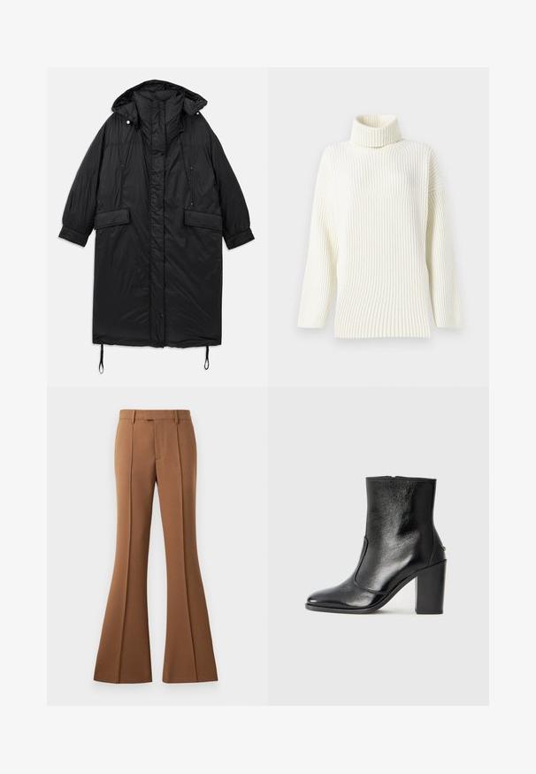 Crni, podstavljeni, dugi kaput s kapuljačom, zatvaranje na dugmad, dva prednja džepa i podesiva vezica na rubu. Glatka tekstura, lagani materijal.; Pulover s visokim ovratnikom u boji kreme, rebrastog uzorka, s dugim rukavima i opuštenim krojem. Mekana tekstura i bešavna izrada dodatno povećavaju udobnost.; Smeđe široke hlače od glatkog materijala, s visokim strukom, utorom i prednjim džepom za dodatni detalj.; Crna kožna čizma do gležnjeva s glatkom teksturom, špicastim vrhom i debelim visokim potpeticama. Ima bočni otvor i minimalistički dizajn.