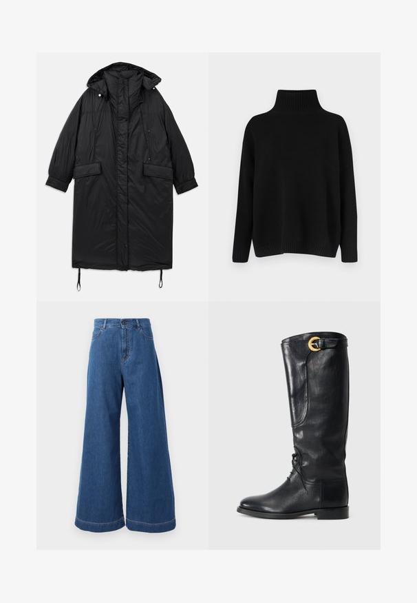 Black, padded, long coat with a hood, button closure, two front pockets, and adjustable drawstring at the hem. Smooth texture, lightweight material.; Black knitted sweater with a high ribbed collar, dropped shoulders, and a relaxed fit. Features ribbed cuffs and hem for texture.; Wide-leg jeans in medium blue denim, featuring a high waistband, front pockets, and contrast stitching along the seams and hems.; Black leather knee-high boot with a rounded toe, lace-up front, side detail, and a gold accent buckle at the top. Smooth texture.