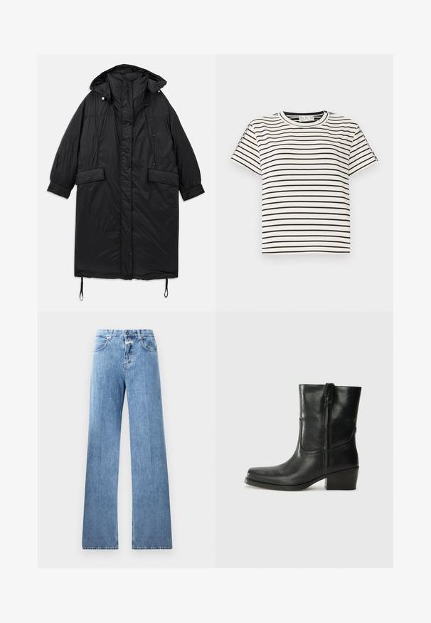 Cappotto lungo nero, imbottito, con cappuccio, chiusura a bottoni, due tasche frontali e coulisse regolabile all'orlo. Texture liscia, materiale leggero.; T-shirt in cotone a maniche corte con scollo rotondo, caratterizzato da strisce verticali nere su sfondo bianco e un design a taglio dritto.; Jeans in denim blu chiaro con un design a gamba larga, cinque tasche, passanti per cintura e chiusura con bottone. Il tessuto ha una texture liscia.; Stivale ankle in pelle nera con punta arrotondata, tacco a blocco, cerniera laterale e dettagli in cucitura sulla tomaia. Texture liscia, design classico.