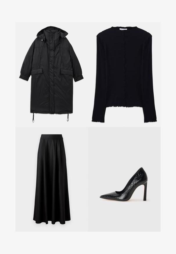 Schwarzer, gepolsterter, langer Mantel mit Kapuze, Knopfverschluss, zwei frontalen Taschen und verstellbarem Kordelzug am Saum. Glatte Textur, leichtes Material.; Schwarz langärmliges Oberteil aus weichem Stoff. Mit einem gewellten Ausschnitt und Saum, simplem, tailliertem Design. Keine zusätzlichen Verzierungen.; Schwarzer, bodenlanger Rock mit glatter Textur, weitem Bund und plissiertem Design, ohne sichtbare Muster oder Verzierungen.; Schwarzer, spitz zulaufender High Heel mit Krokodilleder-Struktur, elegantem Design, hohem Stiletto-Absatz und glattem schwarzen Innenraum.