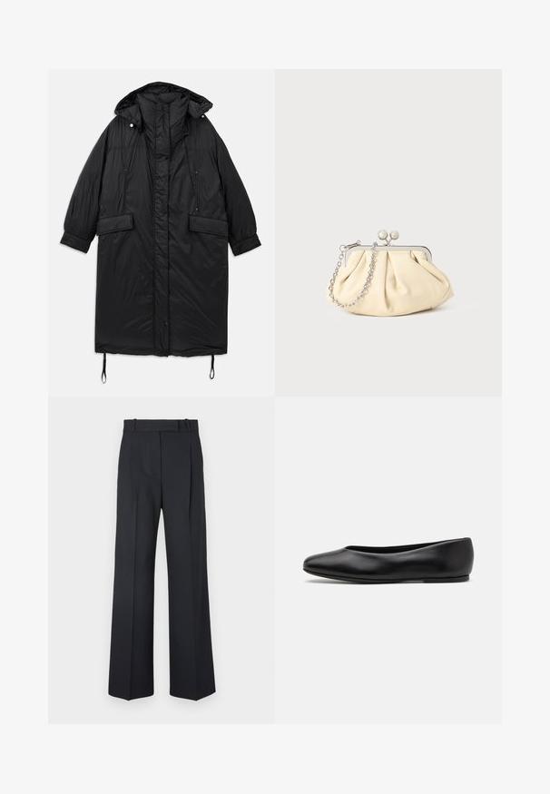 Czarny, ocieplany, długi płaszcz z kapturem, z zapięciem na guziki, dwiema przednimi kieszeniami i regulowanym sznurkiem u dołu. Gładka tekstura, lekki materiał.; Czarny podkoszulek z krótkim rękawem z bawełny, z okrągłym dekoltem i małym logo po lewej stronie klatki piersiowej. Gładka tekstura i luźny krój.; Ciemnoniebieskie spodnie w paski z wysokim stanem, szerokimi nogawkami i bez widocznych elementów metalowych lub ozdób. Gładka tekstura i dopasowany krój.; Paul Smith TOPANGA czarny; Złożona beżowa skórzana kopertówka z srebrną metalową ramą, z dwoma okrągłymi dekoracyjnymi zapięciami i srebrnym łańcuszkiem.