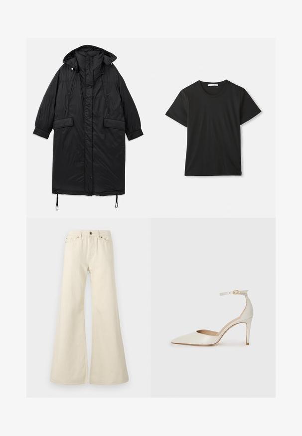 Manteau long noir, rembourré, avec capuche, fermeture à boutons, deux poches frontales et cordon de serrage ajustable à l'ourlet. Texture lisse, matière légère.; T-shirt noir à manches courtes avec un col rond et un tissu en coton doux. Design simple sans motifs ni logos, offrant une coupe classique.; Jeans évasés beige clair en coton. Dotés d'une taille haute, de cinq poches et d'une fermeture à bouton avec des détails de couture contrastés.; Chaussure à talon haut en cuir blanc avec un bout pointu, une bride de cheville et un talon aiguille fin. Texture lisse avec une finition légèrement brillante.