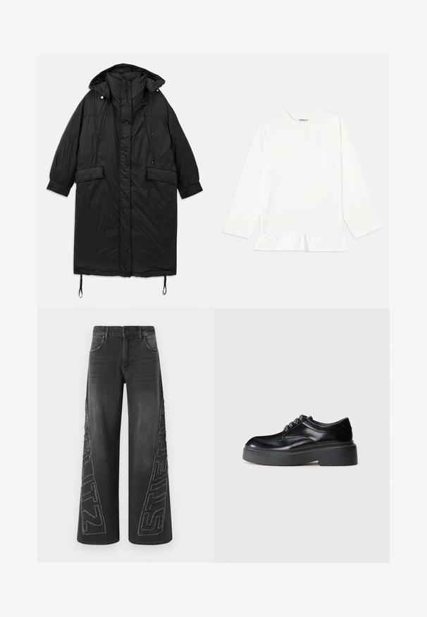 Črn, podložen dolg plašč s kapuco, z gumbom za zapiranje, dvema sprednjima žepoma in nastavljivo vrvico na robu. Gladka tekstura, lahek material.; Bela majica z dolgimi rokavi iz mehkega blaga, ki ima naborkan rob. Njena zasnova vključuje okroglo izrez in subtilni logotip na prsih.; Črne široke jeans hlače iz denima, ki imajo na straneh raztrgano vezeno grafiko in tradicionalno zasnovo s petimi žepi.; Črne usnjene čevlje z zaobljenim nosom, debelim platformnim podplatom in dekorativnim čipkastim detajlom. Gladka tekstura in kontrastno šivanje sta opazna.