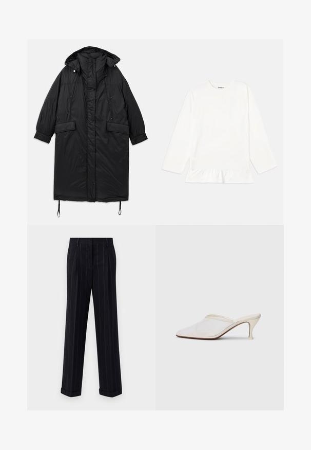 Palton lung, negru, captusit, cu gluga, închidere cu nasturi, două buzunare frontale și șnur reglabil la tiv. Textură netedă, material ușor.; Top alb cu mânecă lungă, dintr-un material moale, având un tiv dantelat. Designul său include un gât rotund și un branding subtil la piept.; Pantaloni negri cu dungi, cu o croială adaptată, având o tivă cu manșetă și pliuri frontale. Construiți dintr-un material neted cu un design structurat.; Mule alb cu plasă, cu vârf ascuțit, toc subțire de înălțime medie și design slip-on, pe un fundal simplu.