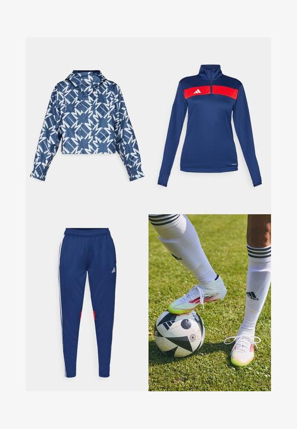 Korthud jakke i marineblå med et hvidt geometrisk mønster. Har hætte, elastiske ærmer og en glat, let tekstur.; Marineblå langærmet trøje med kvart lynlås, der har en rød vandret stribe, hvidt logo, glat tekstur og tætsiddende design. Performance stof.; Mørkeblå træningsbukser med hvide sidestropper, elastisk talje og røde detaljer nær kanten. Lavet af glat, letvægtsstof.; Hvide fodboldstøvler med røde accenter, der ligger på en sort-hvid fodbold, på en græsmark med hvide sokker og striber synlige.