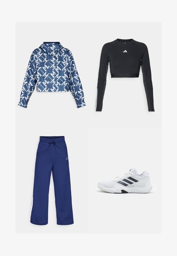 Skrajšana jakna v temno modri barvi z belim geometrijskim vzorcem. Ima kapuco, elastične manšete in gladko, lahko teksturo.; Črn skrajšan dolg rokav vadbeni top iz gladkega materiala. Ima belo logo na prsih in črtaste detajle na rokavih.; Temno modri trenirki z vrvico in belimi črtami po straneh. Narejene iz mehkega blaga z udobnim krojem; vsebujejo Adidas logo.; Bela atletska čevlja z mrežastim zgornjim delom, tremi črnimi črtami na strani, teksturiranimi dodatki in trdim gumijastim podplatom z kontrastnim črnim delom.