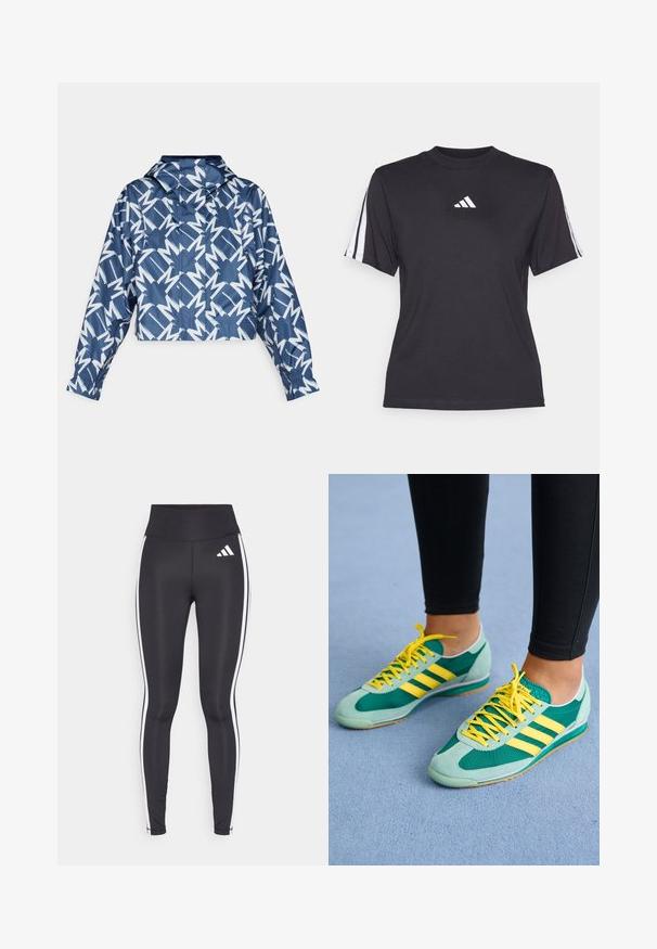 Lyhyt takki tummansinisellä pohjalla ja valkoisella geometrisella kuviolla. Varustettu hupulla, elastisilla hihaosuilla ja sileällä, kevyellä rakenteella.; Musta urheilu t-paita pehmeästä kankaasta, jossa on pyöreä kaula-aukko, lyhyet hihat ja kolme valkoista raitaa kummallakin olkapäällä. Valkoinen logo rinnassa.; Mustat legginsit korkealla vyötäröllä, joissa on valkoiset sivusuunnat ja pieni valkoinen logo vasemmassa yläreidessä. Valmistettu sileästä, joustavasta materiaalista.; Vihreät ja teal-väriset urheilukengät, joissa on keltaiset nauhat ja kolme keltaista raitaa. Nahan ja verkon materiaalit, kumipohjat ja matala profiili.
