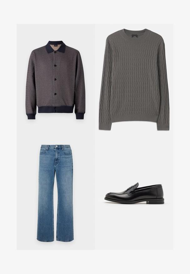 Svetr s námořnickým vzorem a černými knoflíky, s límečkem. Má žebrované manžety a lem, které ukazují strukturovaný detail látky.; Armani Exchange Svetr - dark gull zig zag; Široké modré džíny vyrobené z denimu s vybledlým povrchem. Mají pět kapes, přední zapínání na knoflík a rovný střih.; Černé kožené polobotky s hladkou texturou, zaoblenou špičkou a zdobným páskem přes nárt. Nízký stohovaný podpatek, minimalistický design.