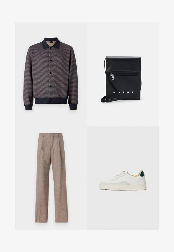 Navy patterned knit cardigan with black buttons and a collar. Features ribbed cuffs and hem, showcasing a textured fabric detail.; White button-up shirt with a collar, featuring subtle vertical stripes, long sleeves, a chest pocket, and classic rounded hem.; Brown, high-waisted trousers made of textured fabric. Features wide legs and two front pleats for structure. Neat finish with no visible hardware.; White sneaker with suede accents, rounded toe, flat laces, and a cream rubber sole. Features green branding on the heel.; Black leather crossbody bag with a zippered front pocket, embossed logo, and adjustable strap. Smooth texture with a structured shape.