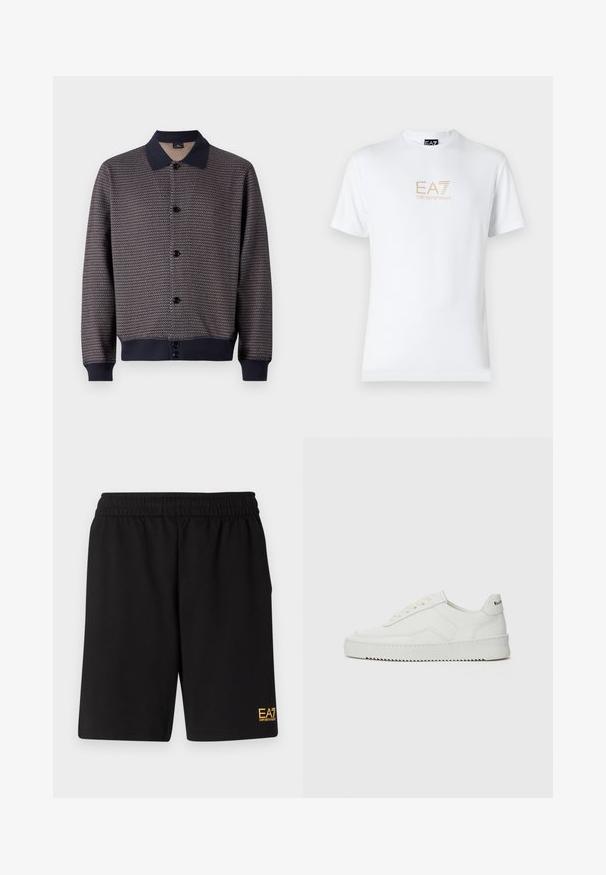 Námornícky vzorovaný pletený sveter s čiernymi gombíkmi a golierom. Obsahuje rebrované manžety a lem, pričom zobrazuje textúrovaný detail tkaniny.; Biela bavlnená tričko s okrúhlym výstrihom a krátkymi rukávmi, na prednej strane s potlačou zlatého loga EA7 Emporio Armani.; Čierne športové šortky vyrobené z jemného materiálu, s elastickým pásom a malým žltým logom EA7 na dolnej ľavej nohe.; Biele kožené tenisky s hladkým povrchom, okrúly špičkový dizajn, ploché šnúrky a textúrovaná podrážka. Obsahujú jemné logo na päte.