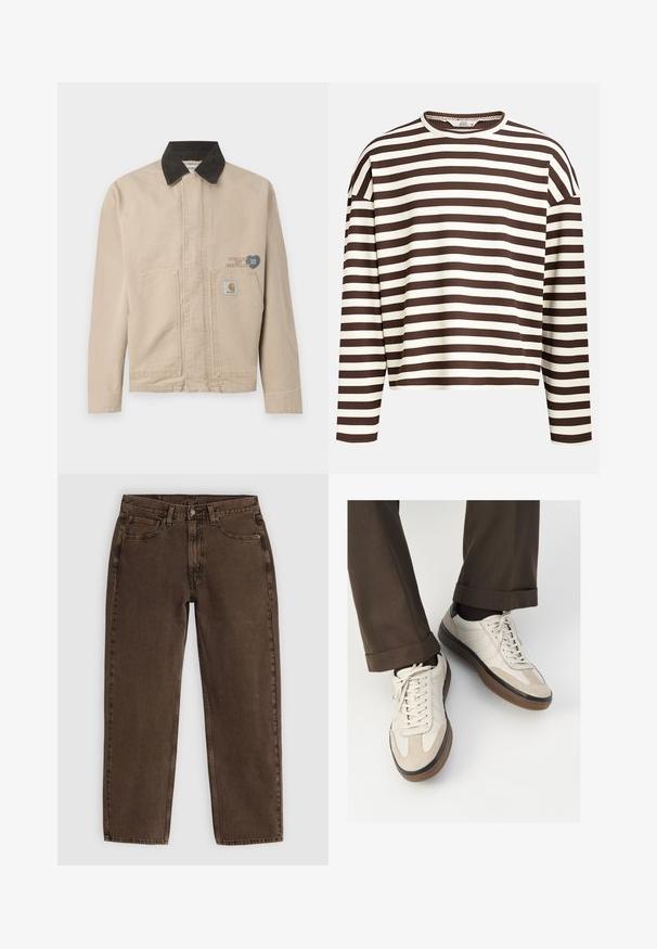 Beige kanvasjakke med sort kordfløyelskrage, med et merke på venstre bryst og to frontlommer. Enkelt, strukturert design.; Brun og kremfarget stripete langermet topp med rund hals, ribbet tekstur og senkede skuldersømmer, med en cropped passform.; Brune denim jeans med rett snitt, fem lommer, front knappelukking og minimal sømdetalj. Myk tekstur med matt finish.; Beige sneakers med teksturert semsket front, glatte skinnsider og en brun gummisåle. Snører og lys syddetalj inkludert.