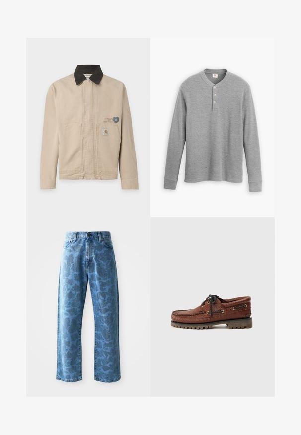 Beige canvas jacket with a black corduroy collar, featuring a patch on the left chest and two front pockets. Simple, structured design.; Gray long-sleeve henley shirt made of ribbed fabric, featuring a three-button placket and a round neckline with a slightly fitted shape.; Light blue denim jeans with a subtle tonal floral pattern, wide-leg cut, five-pocket design, and a button closure at the waistband.; Brown leather boat shoe with textured upper, black lace-up closure, and gold eyelets. Features a durable, ridged rubber sole.