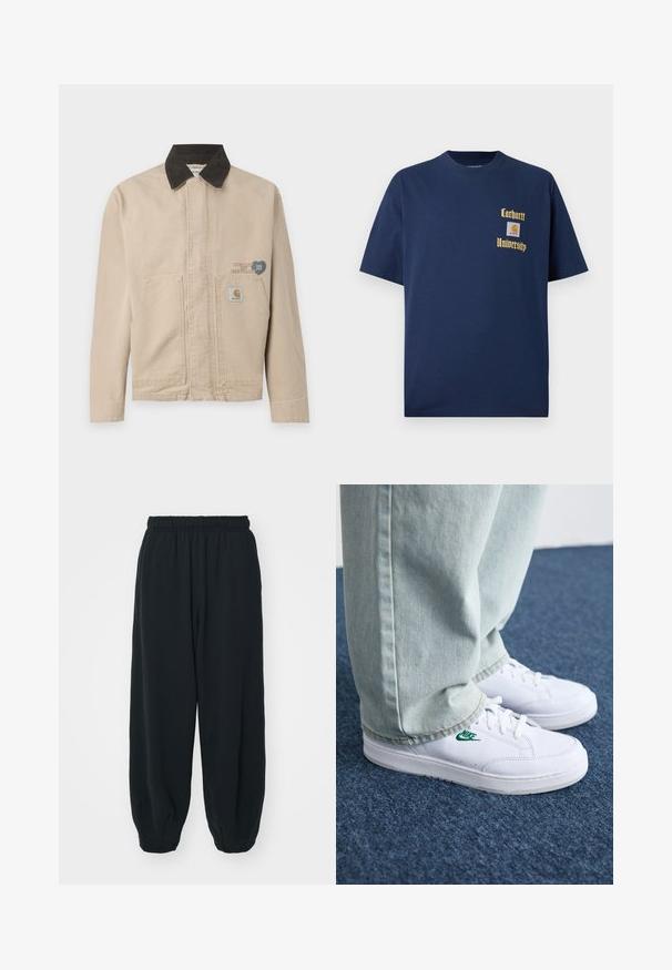Beżowa kurtka z płótna z czarnym kołnierzem z kordurowego materiału, z naszywką na lewej piersi oraz dwoma przednimi kieszeniami. Prosty, zorganizowany design.; Granatowa bawełniana koszulka z krótkim rękawem, z złotym napisem "Carhartt University" oraz naszywką z logo na lewej piersi.; Czarne dresy z elastycznym pasem, luźny krój, ściśnięte nogawki, gładka tekstura, bez widocznych wzorów lub ozdób.; Białe skórzane sneakersy z zielonym logo Nike, okrągły czubek, płaska podeszwa, zestawione z jasnoniebieskimi dżinsami, pokazane na niebieskim dywanie.