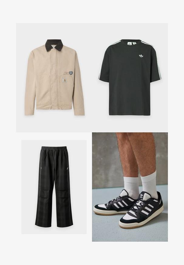 Μπεζ καμβάς μπουφάν με μαύρο κοτλέ γιακά, που διαθέτει ένα πατρόν στο αριστερό στήθος και δύο μπροστινές τσέπες. Απλός, δομημένος σχεδιασμός.; Μαύρο βαμβακερό μπλουζάκι με κοντά μανίκια, στρογγυλή λαιμόκοψη και λευκές τρεις ρίγες στο ύψος των ώμων. Φέρει μικρό λευκό λογότυπο στο στήθος.; Μαύρο καρό παντελόνι με ελαστική μέση, δύο μπροστινές τσέπες και χαλαρή εφαρμογή με ευθεία γραμμή. Φτιαγμένο από ελαφρύ υλικό.; Μαύρα και λευκά αθλητικά παπούτσια με άνω μέρος από σουέτ και δέρμα, featuring τρεις λευκές ρίγες, περατά δάχτυλα και σόλα από καουτσούκ τύπου γκαστ.