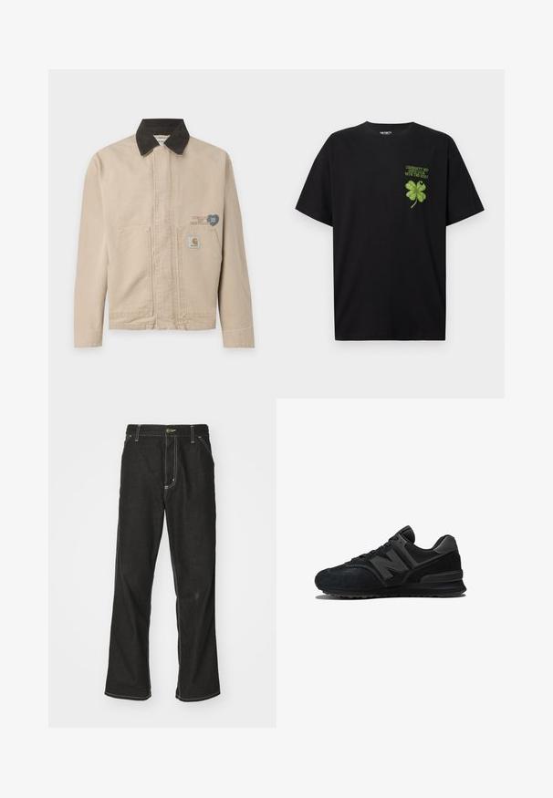 Beige canvas jacket with a black corduroy collar, featuring a patch on the left chest and two front pockets. Simple, structured design.; Black cotton t-shirt featuring a green four-leaf clover graphic with the text "GOOD LUCK WITH THE REST" on the left chest area.; Black denim jeans with a loose fit, featuring contrasting white stitching, a button closure, and a straight leg design.; Black sneaker featuring a suede and mesh upper, thick sole, and prominent 'N' logo on the side. Textured design with lace closure.