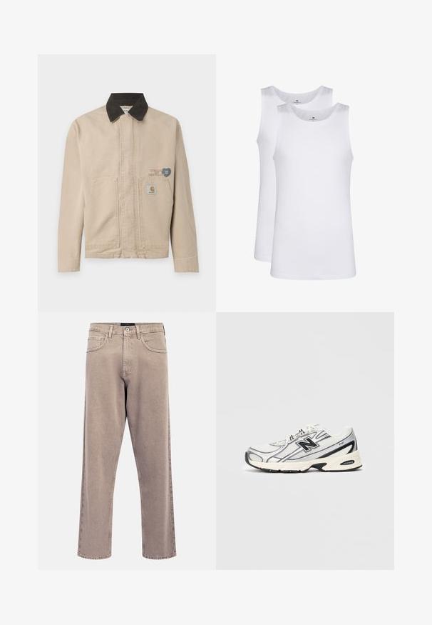 Beige canvas jacket with a black corduroy collar, featuring a patch on the left chest and two front pockets. Simple, structured design.; White cotton tank tops, sleeveless design, round neck, plain texture, featuring a soft, lightweight fabric. Two pieces displayed.; Light beige straight-leg jeans with a slightly faded texture, five-pocket design, and metal button closure. Prominent stitching details.; White and gray athletic sneaker with black "N" logo, mesh upper, cushioned sole, and lace-up design, shown on plain light gray background.