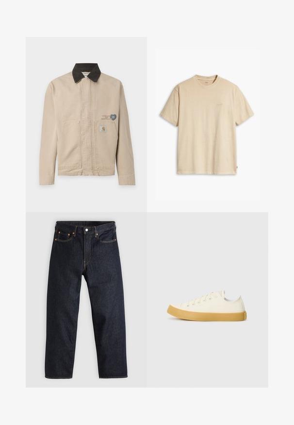 Veste en toile beige avec un col en velours côtelé noir, ornée d'un patch sur la poitrine gauche et de deux poches avant. Design simple et structuré.; T-shirt en coton beige avec un col rond et des manches courtes. Présente un logo "Levi's" subtil de la même couleur sur la poitrine. Texture douce.; Jean en denim bleu foncé avec une coupe droite, cinq poches, des coutures orange contrastantes et une fermeture à boutons. Pas de motifs ou d'ornements visibles.; Des baskets en toile couleur écru avec un bout rond, dotées de semelles en caoutchouc beige et de cinq œillets pour les lacets, avec une finition texturée sur la tige.