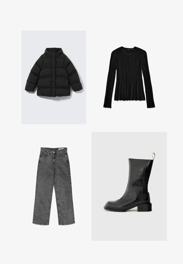 Schwarze gepolsterte Pufferjacke mit Kapuze, in boxy Form, mit gestepptem Design und vorderem Reißverschluss. Strukturiertes Material mit horizontalen Streifen.; Schwarzes Langarmoberteil aus geripptem Stoff. Mit Rundhalsausschnitt und strukturiertem Design sowie ausgestellten Ärmelbündchen. Leicht und figurbetont.; Schwarze, hoch taillierte, gewaschenen Straight-Leg-Jeans mit Fronttaschen, Gürtelschlaufen, Knopfverschluss und einem markierten Innenbund-Label.; Schwarze Knöchelstiefel aus glänzendem, strukturiertem Material. Sie haben einen klobigen Absatz und eine Schlaufe an der Rückseite für einfaches Anziehen.