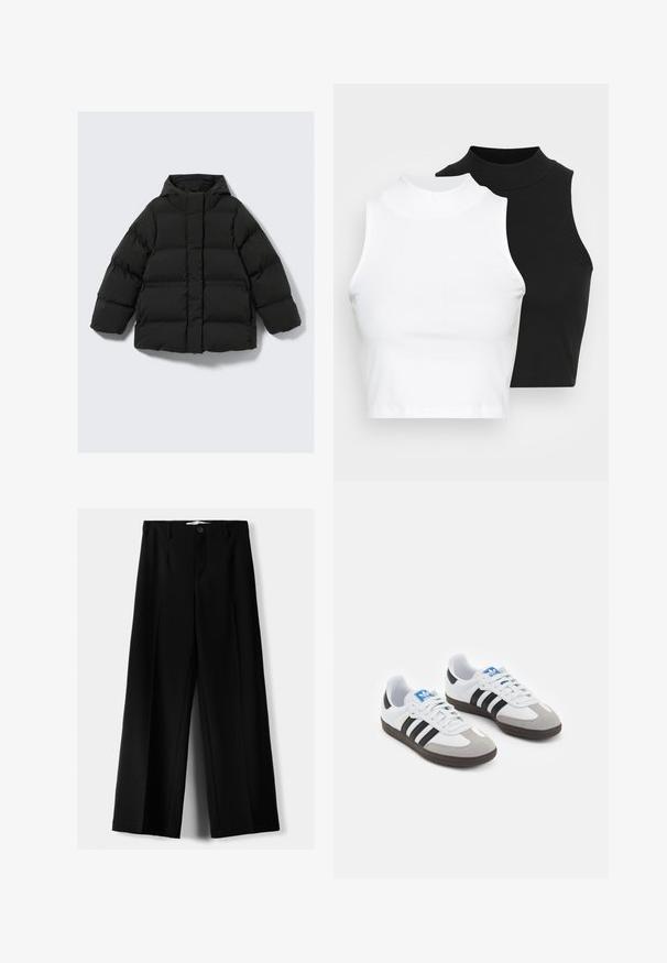 Giubbotto imbottito nero con cappuccio, caratterizzato da una forma boxy, design trapuntato e chiusura con zip frontale. Tessuto testurizzato con righe orizzontali.; Due top in maglia senza maniche, a collo alto, in nero e bianco, con un design aderente e una superficie liscia, di lunghezza cropped.; Pantaloni neri a gamba larga realizzati in tessuto leggero, caratterizzati da una chiusura frontale con bottone e frontale piatto, con orli cuciti con precisione.; Scarpe sportive con tomaia in pelle bianca, punta in suede grigia e tre strisce nere. Presentano un logo blu sulla linguetta e una suola in gomma testurizzata.