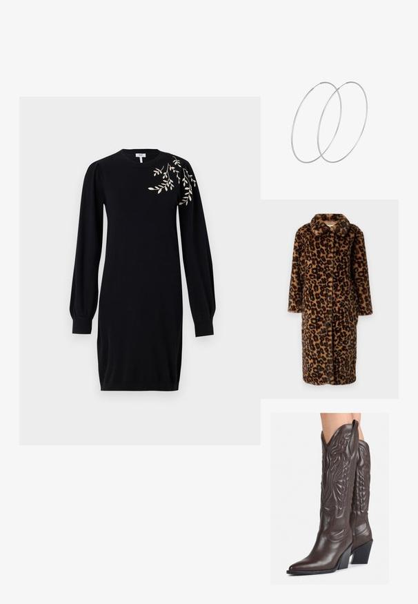 Kabát z umelého kožušiny so vzorom leopardích škvrn s výstrihom do "V" a dlhými rukávmi; má zapínanie na gombík a jemnú textúru v hnedých a čiernych odtieňoch.; Object OBJTHESS - Svetríkové šaty - black; Hnedé kožené kovbojské topánky s špicatou špičkou a blokovým podrážkou, so zložitým prešívaním a vyvýšenými akcentmi na puzdre.; Strieborné kruhové náušnice s minimalistickým dizajnom. Cirkulárny tvar, hladký povrch a tenký profil. Ľahké s lesklým povrchom.