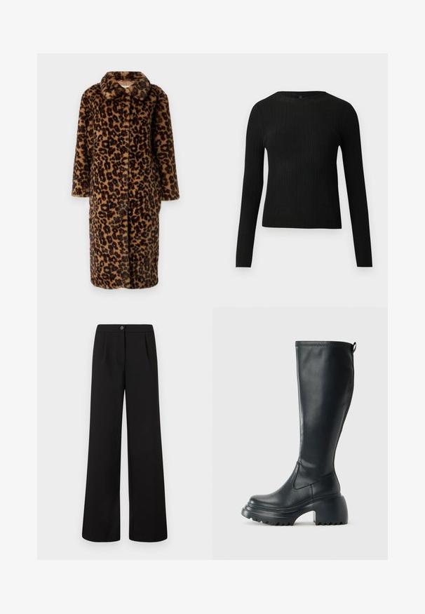 Casaco de pelagem falsa com padrão de onça, colarinho recortado e mangas longas; apresenta um fecho com botão e uma textura suave em tons de castanho e preto.; Suéter preto de mangas compridas com textura canelada, justo ao corpo, com um decote redondo, exibido contra um fundo claro e liso.; Calças largas de cintura alta pretas com fecho frontal em botão e zipper, apresentando pregas subtis abaixo da cintura.; Bota preta de couro alta com sola de plataforma robusta e salto bloco, apresentando puxador e padrão texturizado na sola.