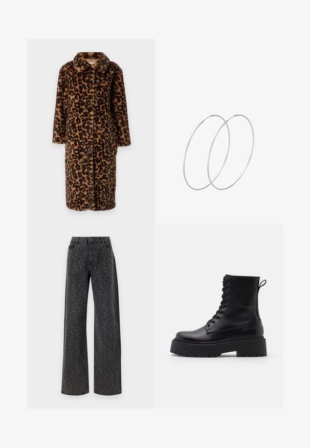 Mantil od umjetnog krzna u leopardskom uzorku s reverima i dugim rukavima; ima zatvaranje na gumbe i plišastu teksturu u smeškim i crnim nijansama.; Crna bluzica s točkastim uzorkom, prozirnim materijalom, nabranim rukavima i volanom oko vrata sa zatvaranjem na gumb na leđima.; Noisy May NMJANNEL LOOSE - Traperice opuštenog kroja - black denim; Crne kožne gležnjače s okruglim vrhom, vezanjem sprijeda i debelim gumenim potplatom s teksturiranim uzorkom. Tipa: traka za vuču na stražnjoj strani.; Srebrne okrugle naušnice s minimalističkim dizajnom. Kružni oblik, glatka tekstura i tanak profil. Lagane s poliranim završetkom.