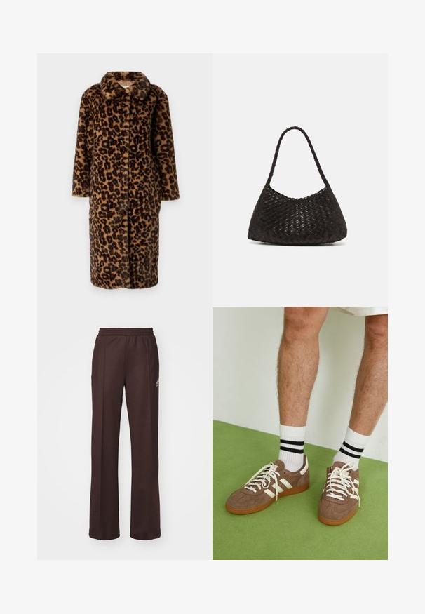 Leopárdmintás műszőrmellény, bemetszett gallérral és hosszú ujjakkal; gombos záródással és puha, barna és fekete árnyalatú textúrával rendelkezik.; Fekete, hosszú ujjú pamut felső, hajónyakkal és testhez simuló fazonnal. Simább textúra enyhe fényléssel, nincsenek megkülönböztető minták vagy díszítések.; Barna sport nadrág rugalmas derékkal, két oldalsó zsebbel és egy kis logóval a bal oldalon, puha anyagból készült.; Barna velúr sportcipő fehér díszítéssel és fűzővel. Gumi talp. Fehér zoknival viselve, fekete csíkokkal. Zöld, textúrázott padló.; DRAGON DIFFUSION ROSANNA - Kézitáska - dark brown