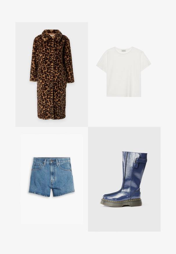 Pardosel cu blană sintetică, cu guler decupat și mâneci lungi; prezintă un sistem de închidere cu butoane și o textură pufoasă în nuanțe de maro și negru.; Tricou alb cu mânecă scurtă, made din bumbac moale. Are un guler rotund și o croială lejeră. Design curat, fără modele sau accente vizibile.; Șorturi din denim de culoare albastră deschisă, cu cinci buzunare, fermoar și închidere cu bătaie. Marginile sunt desfăcute, având un design confortabil.; Botă albastră, lucioasă, până la genunchi, cu vârf rotund, fermoar lateral și detalii cu cusături verticale. Prezintă o talpă platformă groasă, neagră, cu cusături galbene.