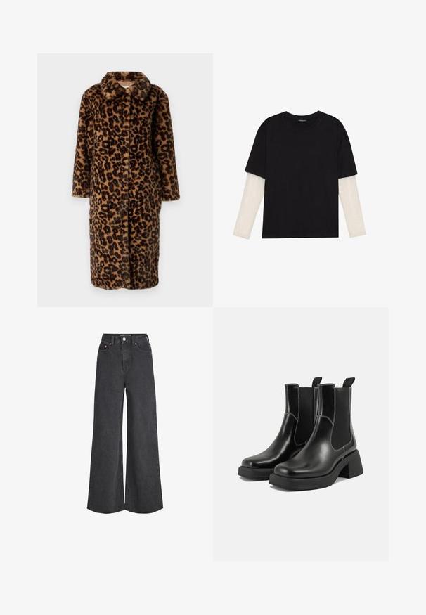 Kuvioitu tekokarvainen leoparditakki, jossa on lovettu kaulus ja pitkät hihat; siinä on nappikiinnitys ja pehmeä rakenne ruskean ja mustan sävyissä.; Mustapaita, joka on valmistettu puuvillasta ja jossa on lyhyet hihat valkoisen pitkähihasen kerroksen päällä, jossa on hienovarainen teksturoitu kuvio. Pyöreä kaula-aukko.; Korkeavyötäröiset mustat leveälahkeiset farkut, joissa on etunappi ja vetoketju, viisi taskua ja raakahelma.; Mustat nahkaiset Chelsea-kengät paksulla korolla, joustavilla sivupaneeleilla ja kontrastilla valkoisella ompelulla. Teksturoitu pinta.