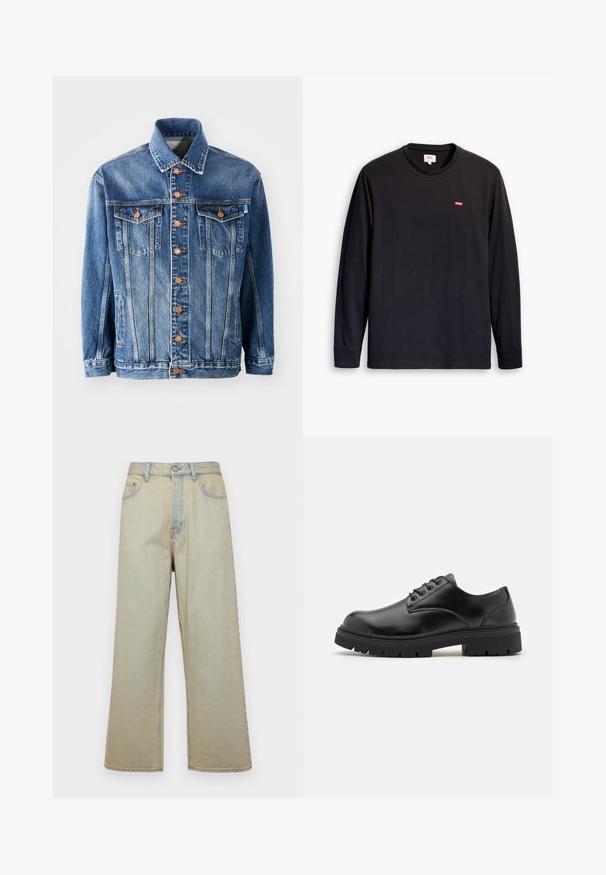 Vidutinio mėlynumo džinsinė striukė su klasikiniu pjūviu. Su vario atspalvio mygtukais, dviem krūtinės kišenėmis ir apykaklės iškirpte.; Juoda ilgarankovė medvilninė marškinėliai. Turi apvalų iškirpimą ir mažą raudoną logotipą krūtinės srityje. Lygus paviršius, standartinis prigludimas.; Šviesiai mėlynos platėjančios džinsai, pagaminti iš audinio su nusidėvėjusiu efektu. Turi penkias kišenes ir priekinį mygtuką.; Juodi odiniai bateliai su apvaliu nosiu, raištelių užsegimu ir storu, tekstūruotu guminėmis padais. Yra siuvinėjimas per kraštą ir lygus paviršius.