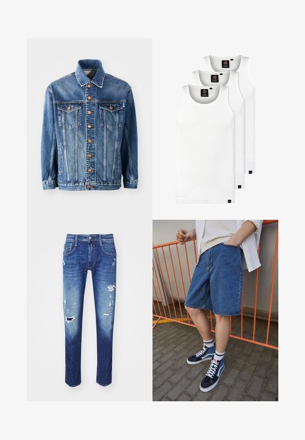 Denimjakke i mellomblå med klassisk kutte. Har kobberfargede knapper, to brystlommer og krage.; Tre hvite ribbestrikkede tank topper laget av bomull. Har en rund hals og små svarte etiketter nær kanten. Tilgjengelig i flere størrelser.; Mørkeblå denimjeans med revne detaljer, femlommerdesign og subtil falming. Straight-leg snitt med en ren hem.; Denimshorts i blått, kne-lengde med en frontlomme. Kombinert med høyhælte sneakers i marineblått og blått, med hvite snører og stripete sokker.