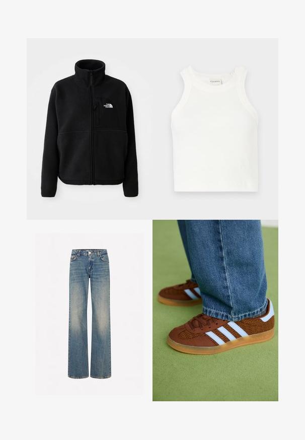 Juodas pūkinis švarkas su aukštu apykakle, visiškai užtraukiamu užtrauktuku ir kairėje krūtinės pusėje esančia kišenė, kurioje yra logotipas. Audinys turi švelnų, tekstūruotą paviršių.; Balta banguota undershirt su plačiomis petnešomis ir prigludusia siluetu. Yra mažas iškilus logotipas prie apatinės dalies.; Šviesiai mėlynos džinsinės kelnes su plačiomis kojomis, dėvėtos tekstūros, penkiomis kišenėmis, mygtukų užtrauktuku ir kontrastingomis siūlėmis.; Rudi Adidas kedai su juostelėmis ir guminiais padangtais, avimi mėlynais džinsais žaliame kilime.