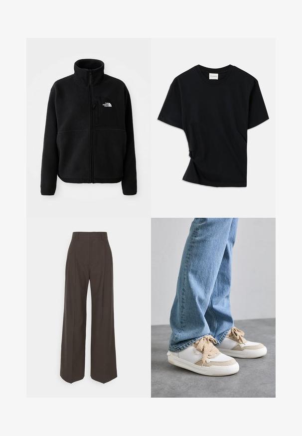 Giacca in pile nera con colletto alto, zip completa e taschino sul petto a sinistra con logo. Il tessuto ha una superficie morbida e testurizzata.; Maglietta nera realizzata in morbido cotone, con colletto a girocollo, maniche corte e un design leggermente torcigliato per una vestibilità rilassata.; Pantaloni ampi marrone scuro con vita alta, caratterizzati da pieghe ben stirate, una texture liscia e una vestibilità su misura.; Sneaker bianche e beige con pannelli testurizzati, dotate di lacci beige e suola in gomma, abbinate a jeans in denim azzurro chiaro.