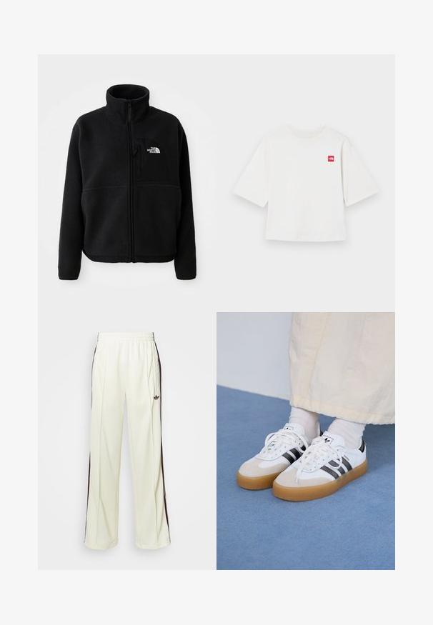 Svart fleecejacka med hög krage, full dragkedja och en bröstficka till vänster med en logotyp. Tyget har en mjuk, texturerad yta.; Vit t-shirt med kort ärm i bomull. Har en liten röd fyrkantig logotyp på vänster bröstområde. Rakt snitt. Mjuk känsla.; Krämfärgade sweatpants med avslappnad passform, som har mörkbruna sidosträck och en broderad logotyp på vänster lår.; Vita sneakers med svarta ränder och beige mockadetaljer. Har en texturerad gummisul och platta vita skosnören, bärs med ljusa strumpor.