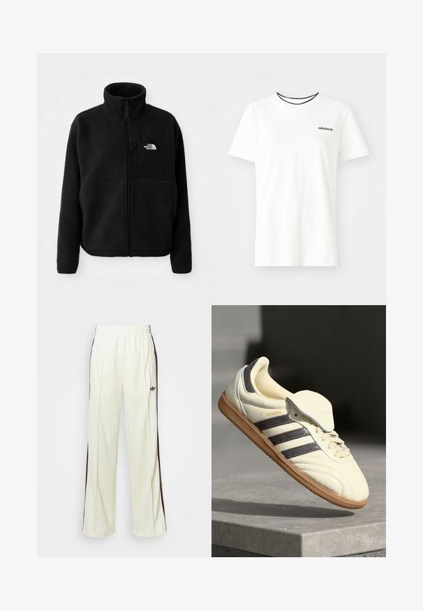 Svart fleecejakke med høy krage, full glidelås og en lomme på venstre bryst med logo. Stoffet har en myk, strukturert overflate.; Hvit bomull t-skjorte med korte ermer og rund hals. Har en svart Adidas-logo på brystet og en kontrasterende svart indre krage.; Kremfargede joggebukser med en avslappet passform, som har mørkebrune sidestriper og en brodert logo på venstre lår.; Kremfargede lær sneakers med tre mørke striper, en brun gummisåle og en avrundet tå. Har en sammenleggbar tunga merket "SAMBA."