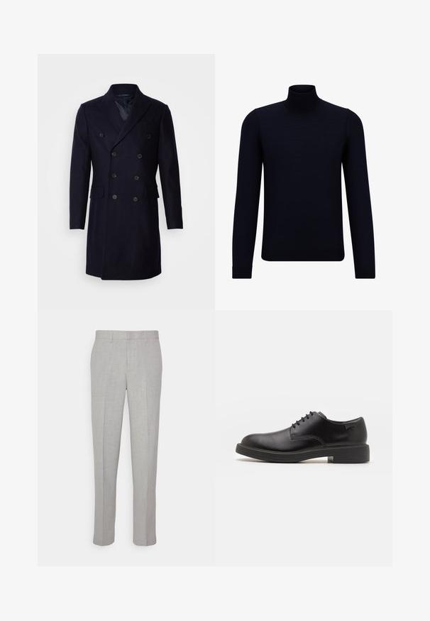 Isaac Dewhirst LONG PEA COAT - Klassikaline mantel - navy; Tume meresinine kõrge kaelusega pitsilise lõikega kampsun, mis on valmistatud peenest kudumiskangast, millel on pikad varrukad ja istuv, kõrge kaelus. Ilma nähtavate mustrite või aksessuaarideta.; Heledad hallid püksid sileda tekstuuriga, lame esiots ja sirged sääred. Valmistatud hingavast kangast, millel on sisepocketid ja vöölõngad.; Must beemel levalis kingad ümarate varvastega, sileda pinnaga, minimaalsete õmblustega ja madala kummist kontsaga. Logo kontsa peal.