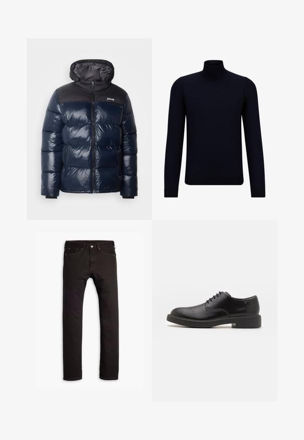 Schott UNION - Vinterjakke - navy; Mørk marineblå turtleneck genser laget av finstrikket stoff, med lange ermer og en tettsittende, høy hals. Ingen synlige mønstre eller detaljer.; Sorte slim-fit jeans med fem lommer og knaplukning, vist fladt på en hvid baggrund.; Svart lær snøre sko med rund tå, glatt tekstur, minimal søm, og lav gummihæl. Logo på hælen.