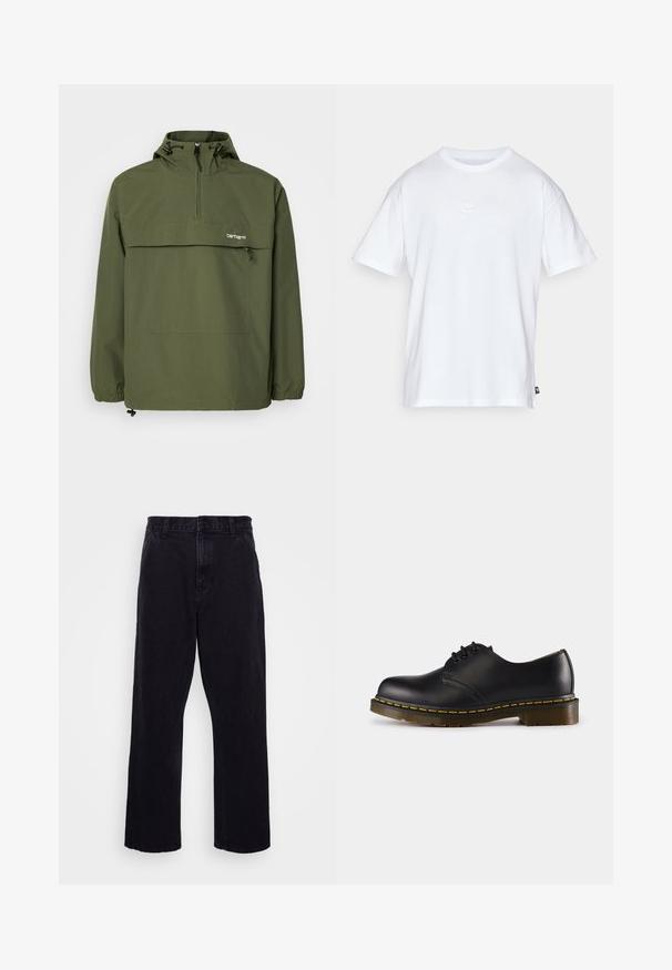 Olivengrønn anorakk-jakke laget av mykt, lett stoff. Den har halv glidelås, justerbar hette og frontlomme. Elastiske mansjetter.; Hvit bomull t-skjorte med korte ermer og rund hals. Har en liten, subtil Nike-logo på brystet og en sidelapp.; Sorte denimbukser med rett ben-design, med knapp- og glidelås-lukking, beltehemper og minimale sømdetaljer.; Sorte skinnsko med rund tå, snøringsdesign, gul søm langs sålen og en kraftig, teksturert gummisåle.