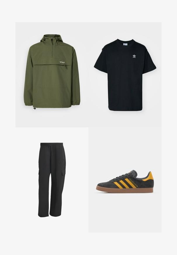 Olive green anorak jacket made of soft, lightweight fabric. Features a half-zip closure, adjustable hood, and front pocket. Elastic cuffs.; Black cotton t-shirt with a crew neck and short sleeves, featuring a small white Adidas logo on the left chest area.; Black cargo pants with an elastic waistband, featuring side pockets, loose fit, and a textured fabric. Designed for comfort and utility.; Black suede sneaker with yellow accents, featuring three stripes and a brown rubber sole. Includes a padded tongue for comfort.